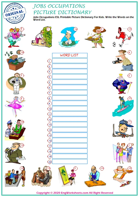 Jobs Occupations ESL Printable Picture Dictionary For Kids. Write the Words on the Word List.