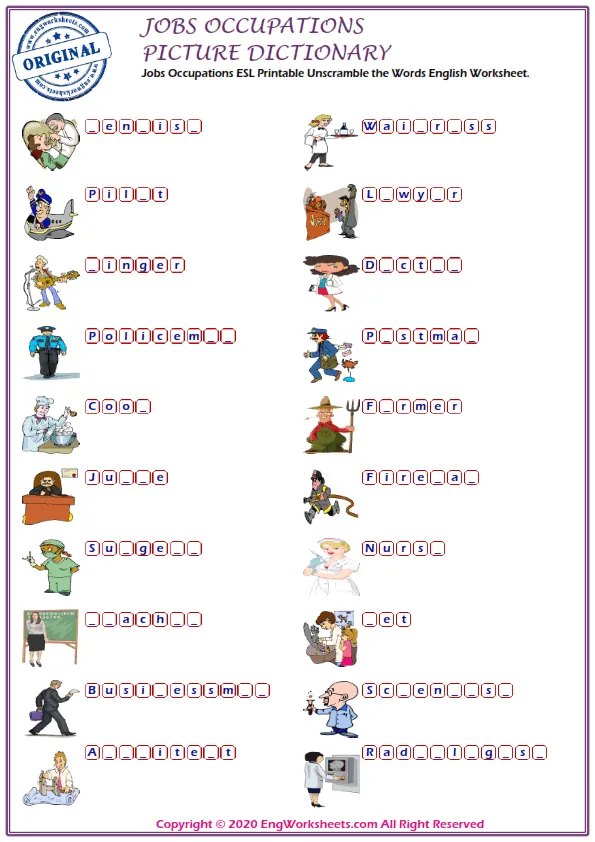 Jobs Occupations ESL Printable Unscramble the Words English Worksheet.