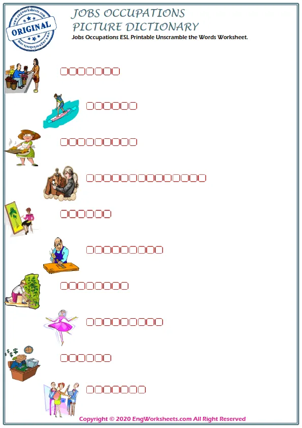 Jobs Occupations ESL Printable Unscramble the Words Worksheet.