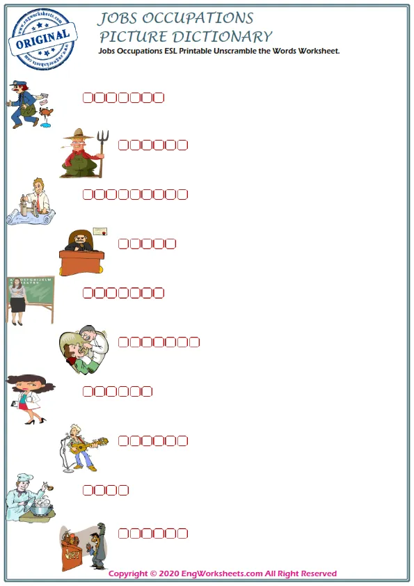 Jobs Occupations ESL Printable Unscramble the Words Worksheet.