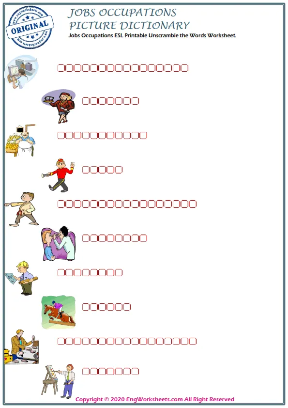 Jobs Occupations ESL Printable Unscramble the Words Worksheet.