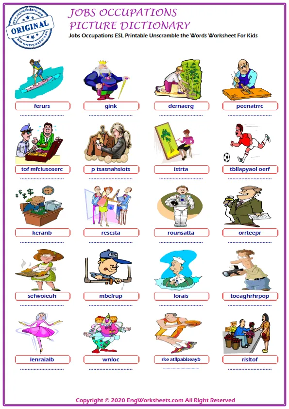 Jobs Occupations ESL Printable Unscramble the Words Worksheet For Kids