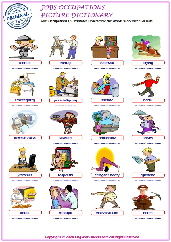 Jobs Occupations ESL Printable Unscramble the Words Worksheet For Kids