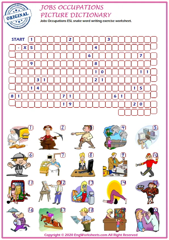 Jobs Occupations ESL snake word writing exercise worksheet.