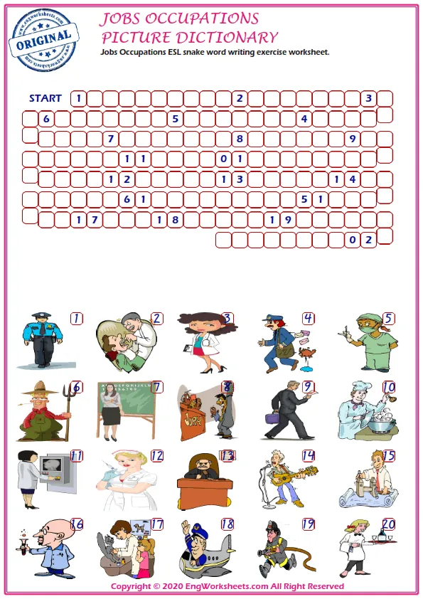 Jobs Occupations ESL snake word writing exercise worksheet.