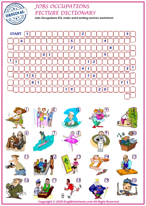 Jobs Occupations ESL snake word writing exercise worksheet.