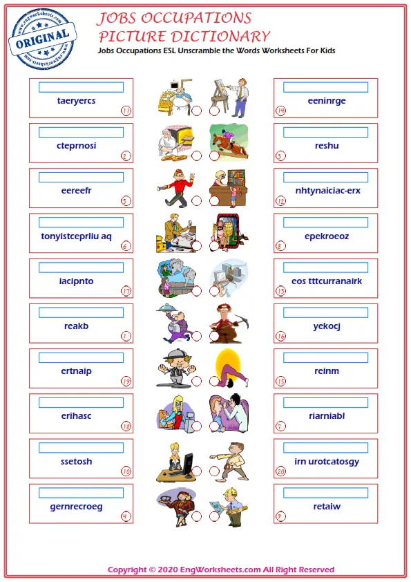 Jobs Occupations ESL Unscramble the Words Worksheets For Kids