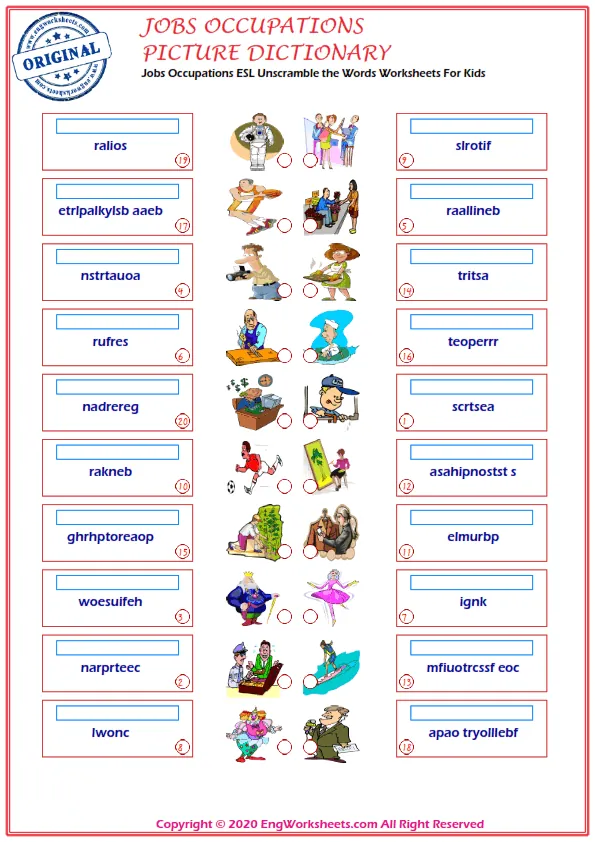 Jobs Occupations ESL Unscramble the Words Worksheets For Kids