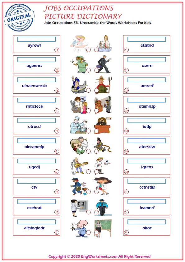 Jobs Occupations ESL Unscramble the Words Worksheets For Kids