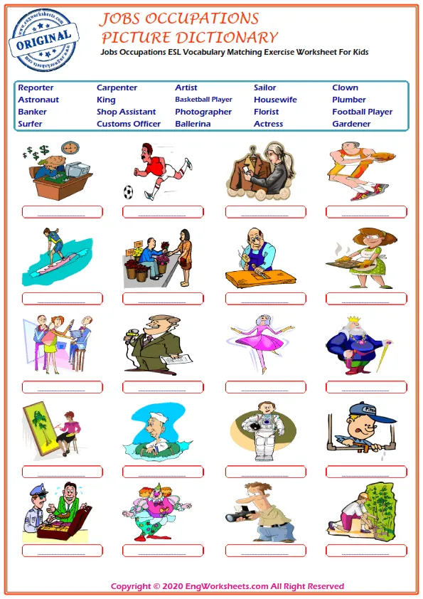 Jobs Occupations ESL Vocabulary Matching Exercise Worksheet For Kids