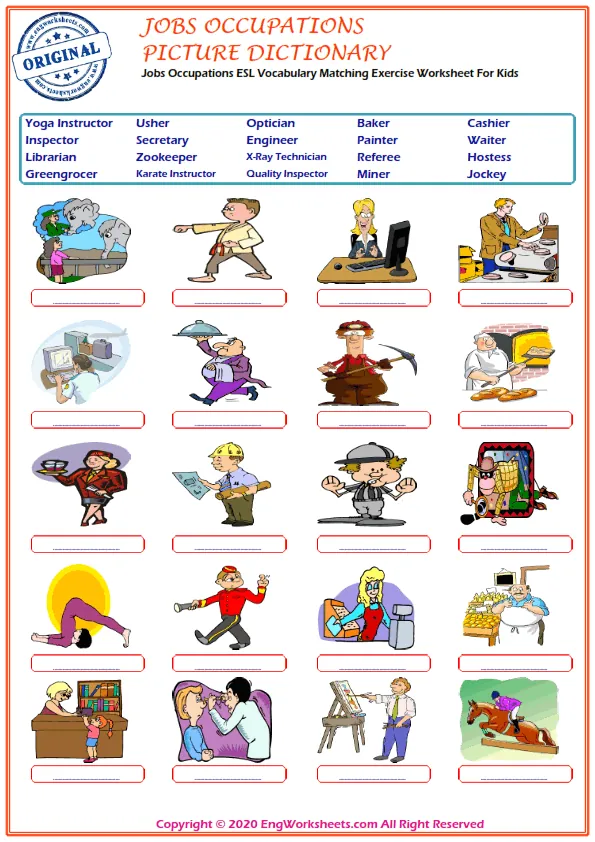 Jobs Occupations ESL Vocabulary Matching Exercise Worksheet For Kids