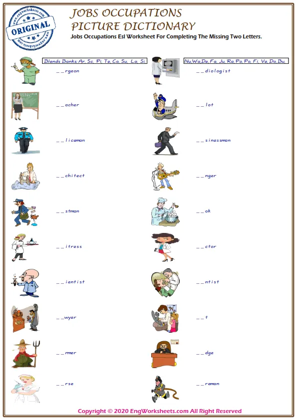 Jobs Occupations Esl Worksheet For Completing The Missing Two Letters.