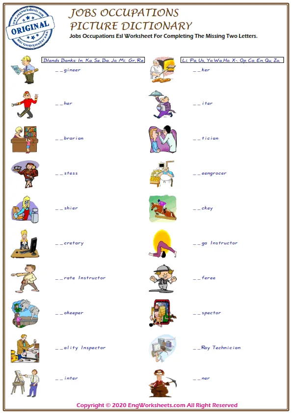Jobs Occupations Esl Worksheet For Completing The Missing Two Letters.