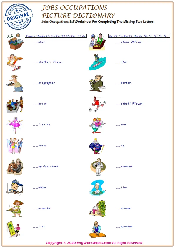 Jobs Occupations Esl Worksheet For Completing The Missing Two Letters.