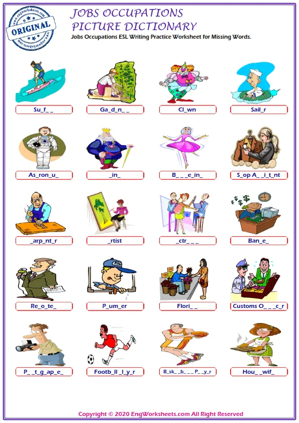 Jobs Occupations ESL Writing Practice Worksheet for Missing Words.