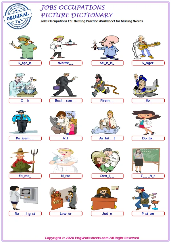 Jobs Occupations ESL Writing Practice Worksheet for Missing Words. Worksheet Preview