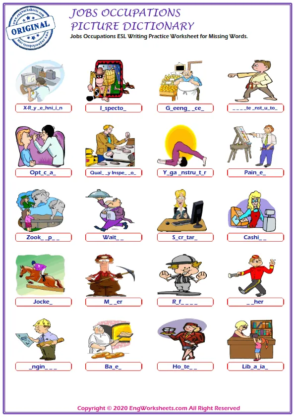 Jobs Occupations ESL Writing Practice Worksheet for Missing Words.