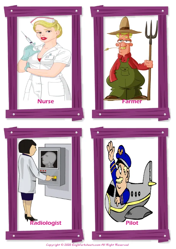 Jobs Occupations vocabulary worksheet with words, four images per page