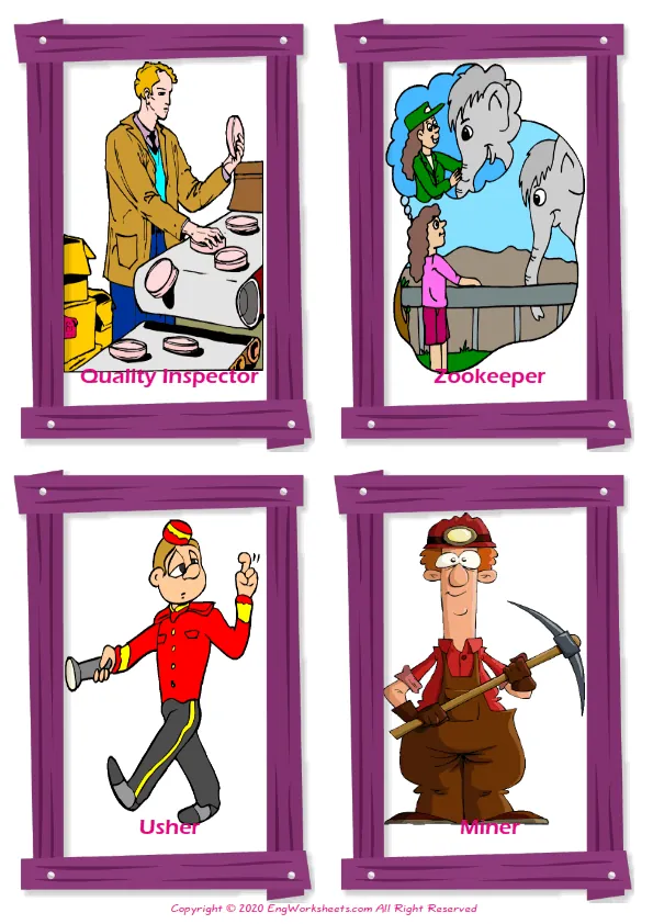 Jobs Occupations vocabulary worksheet with words, four images per page