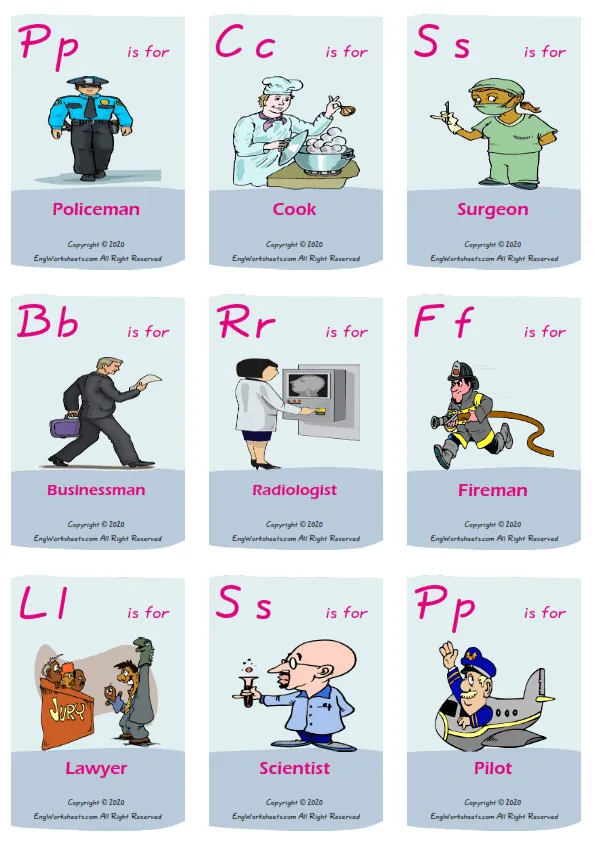 Jobs Occupations vocabulary worksheet with words, nine images per page