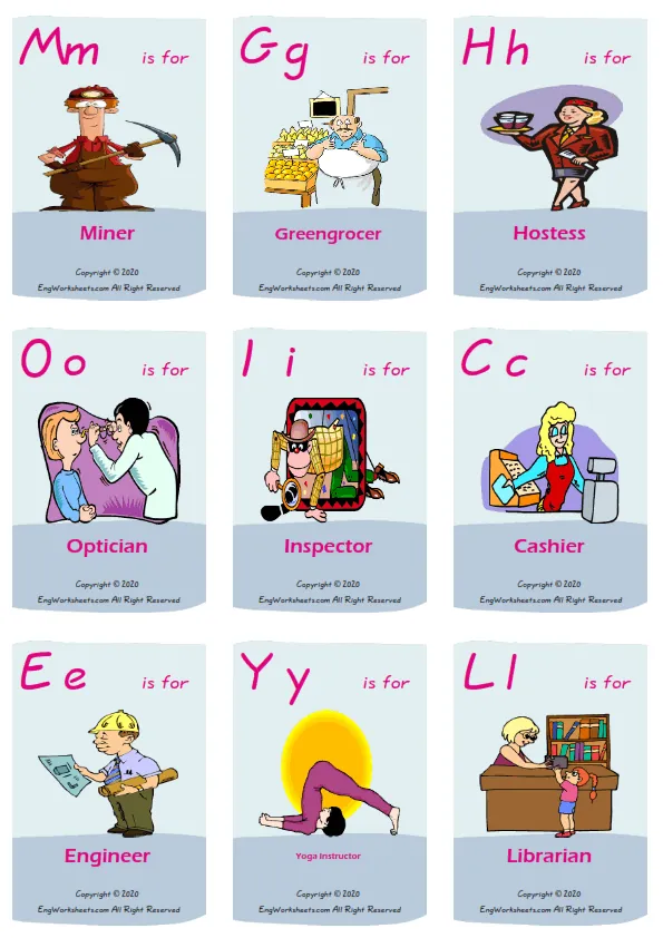 Jobs Occupations vocabulary worksheet with words, nine images per page