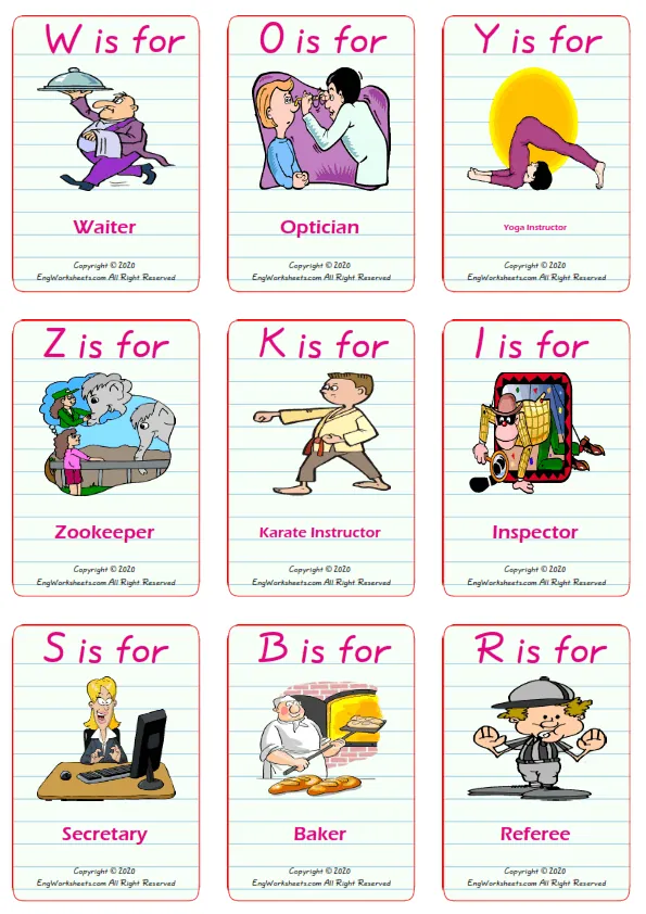 Jobs Occupations vocabulary worksheet with words, nine images per page