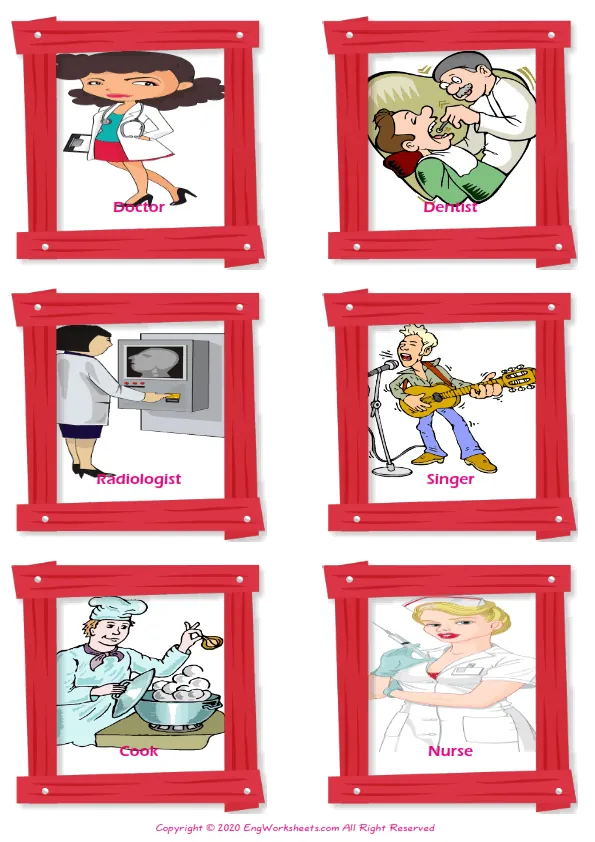 Jobs Occupations vocabulary worksheet with words, six images per page