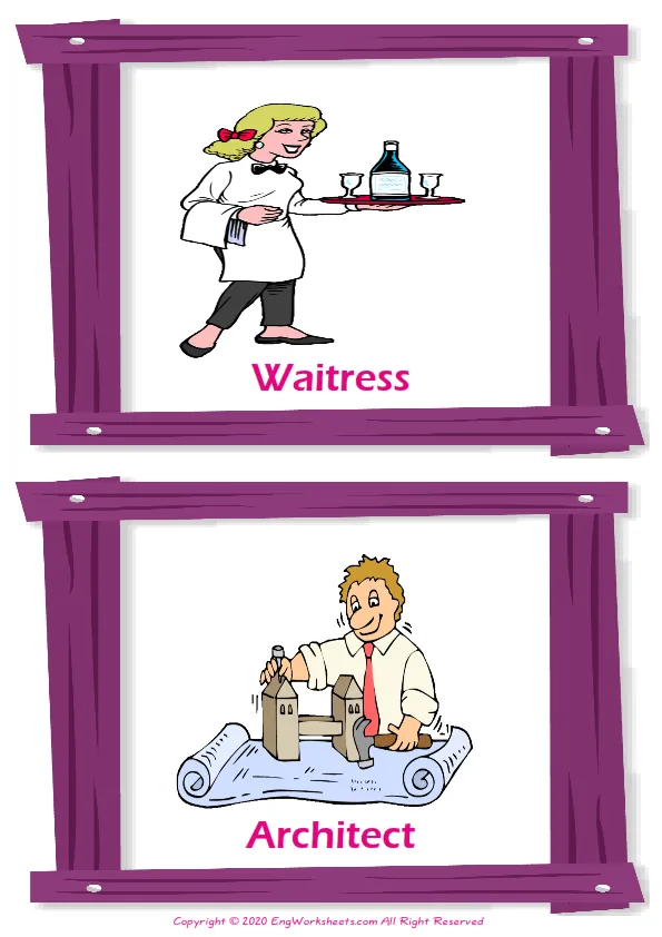 Jobs Occupations vocabulary worksheet with words, two images per page