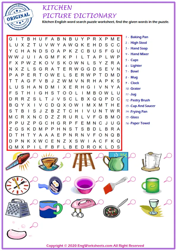 Kitchen English word search puzzle worksheet, find the given words in the puzzle.