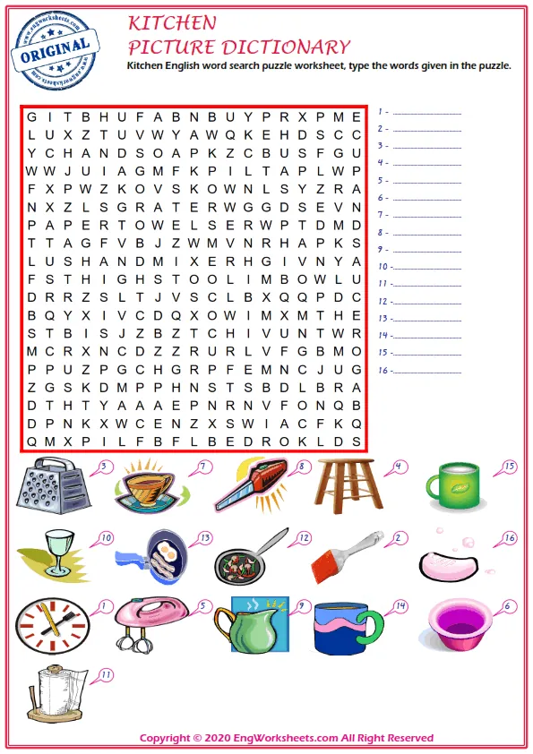 Kitchen English word search puzzle worksheet, type the words given in the puzzle.