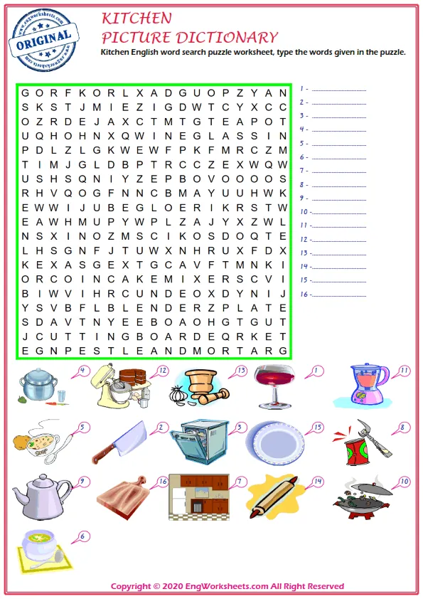 Kitchen English word search puzzle worksheet, type the words given in the puzzle. Worksheet Preview