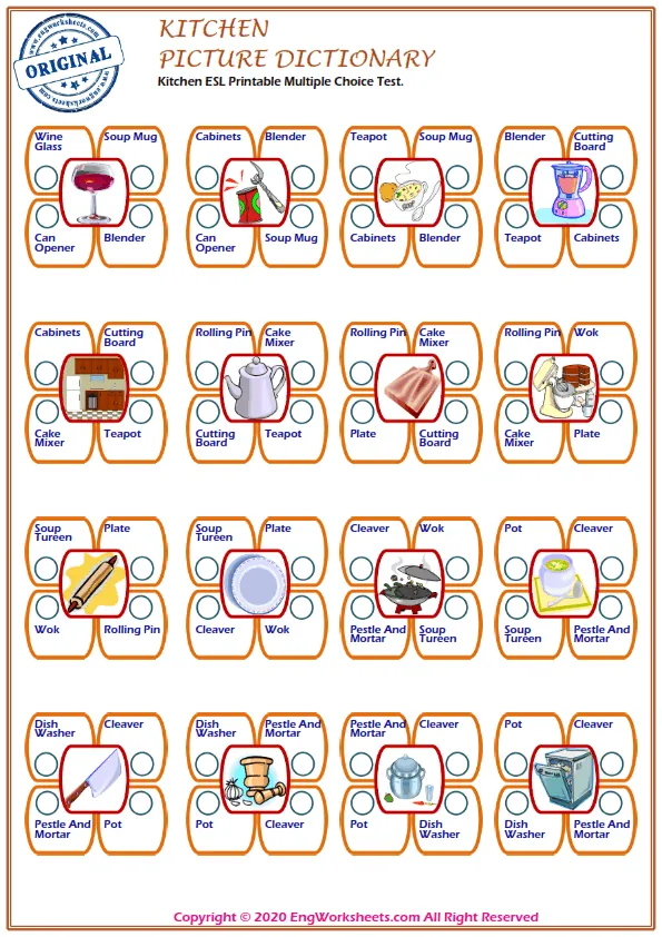 Kitchen ESL Printable Multiple Choice Test.