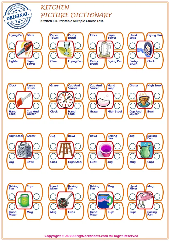 Kitchen ESL Printable Multiple Choice Test.