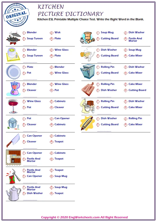 Kitchen ESL Printable Multiple Choice Test. Write the Right Word in the Blank.