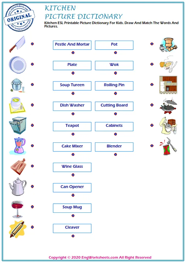 Kitchen ESL Printable Picture Dictionary For Kids. Draw And Match The Words And Pictures. Worksheet Preview
