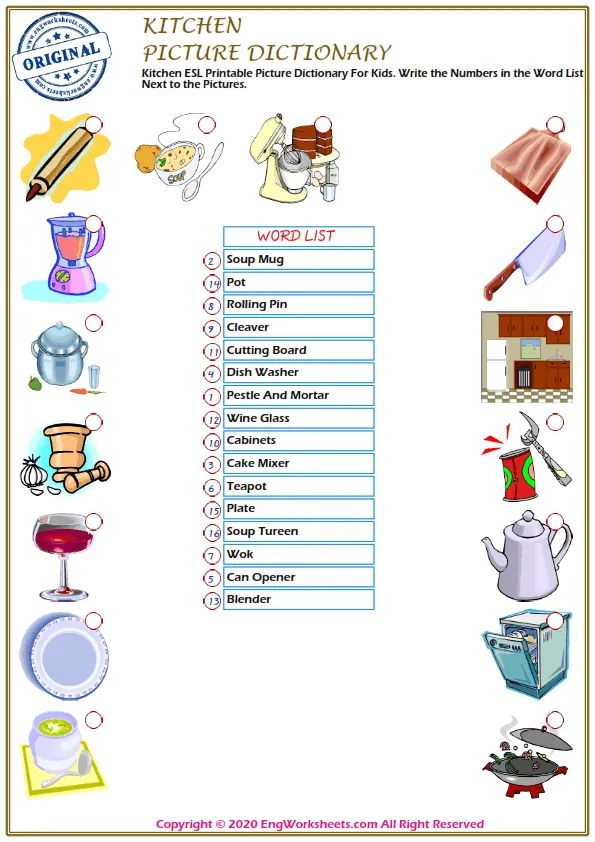 Kitchen ESL Printable Picture Dictionary For Kids. Write the Numbers in the Word List Next to the Pictures. Worksheet Preview