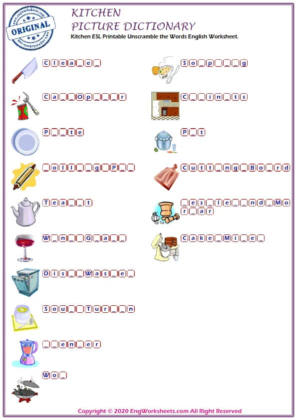 Kitchen ESL Printable Unscramble the Words English Worksheet. Worksheet Preview