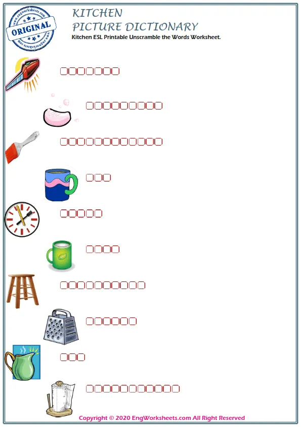 Kitchen ESL Printable Unscramble the Words Worksheet.