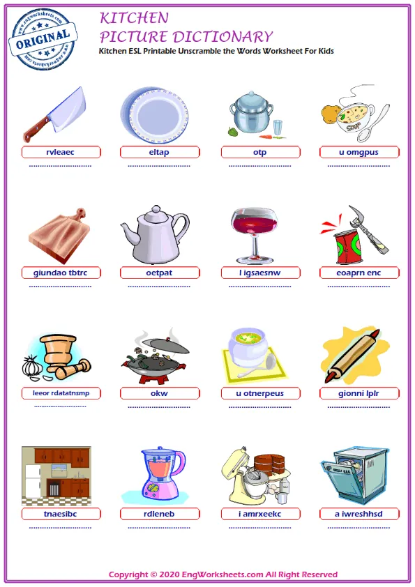 Kitchen ESL Printable Unscramble the Words Worksheet For Kids Worksheet Preview