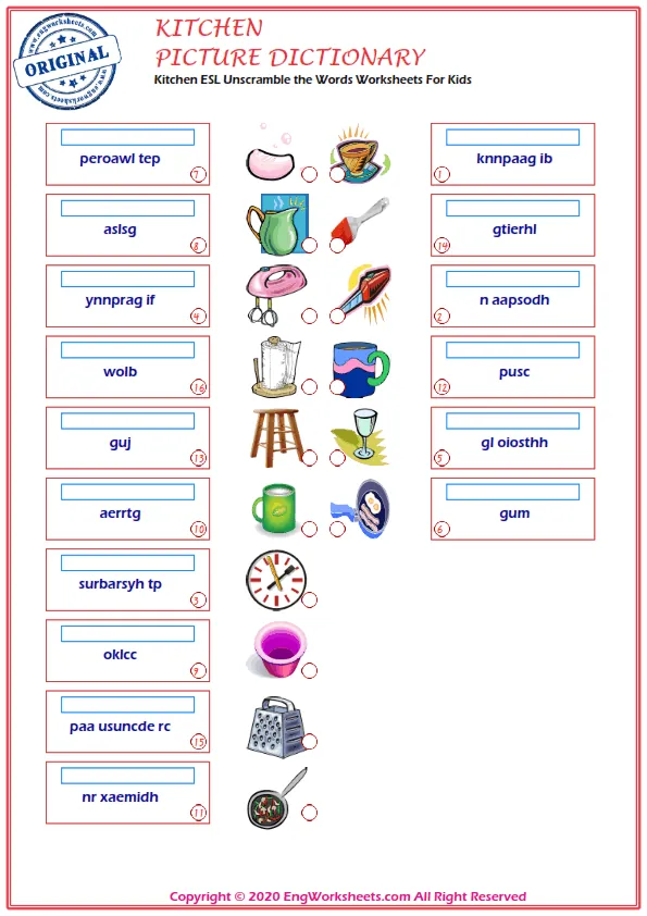 Kitchen ESL Unscramble the Words Worksheets For Kids