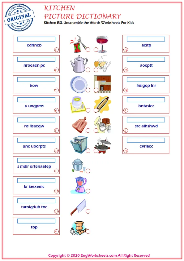 Kitchen ESL Unscramble the Words Worksheets For Kids Worksheet Preview