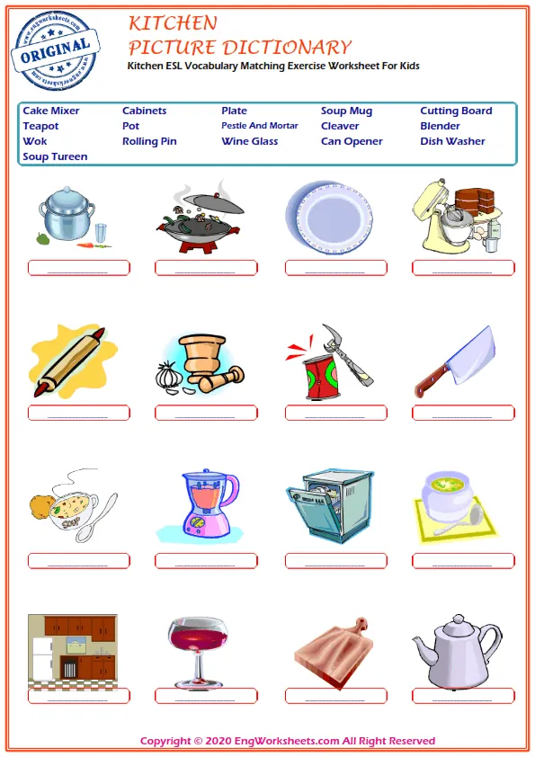 Kitchen ESL Vocabulary Matching Exercise Worksheet For Kids Worksheet Preview
