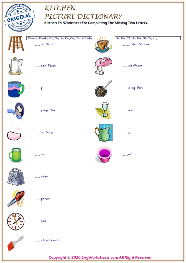 Kitchen Esl Worksheet For Completing The Missing Two Letters.