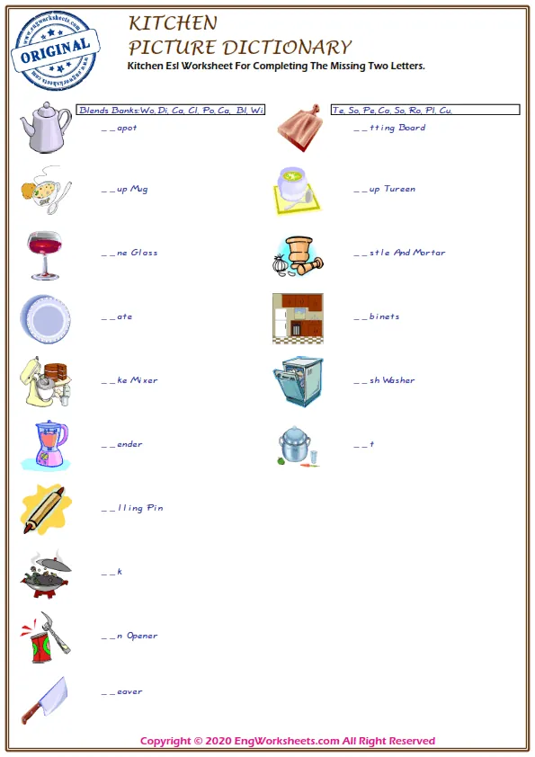 Kitchen Esl Worksheet For Completing The Missing Two Letters. Worksheet Preview
