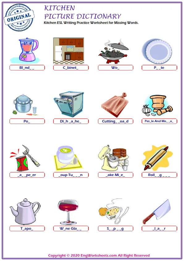 Kitchen ESL Writing Practice Worksheet for Missing Words. Worksheet Preview