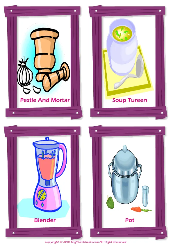 Kitchen vocabulary worksheet with words, four images per page Worksheet Preview