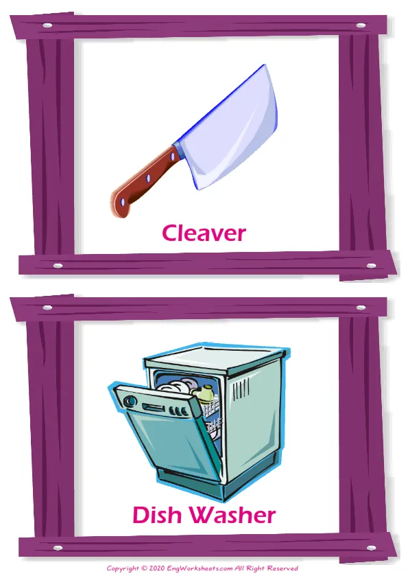 Kitchen vocabulary worksheet with words, two images per page Worksheet Preview