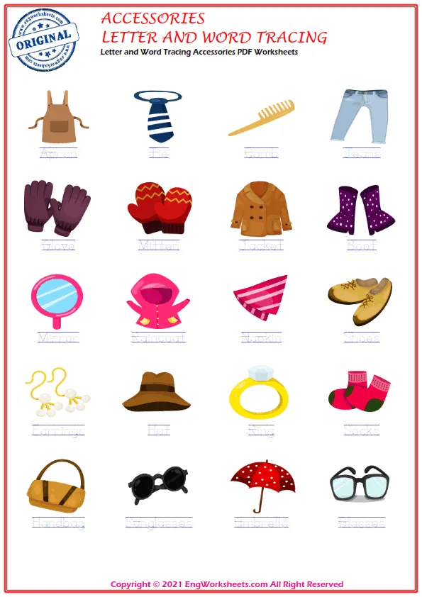 Letter and Word Tracing Accessories PDF Worksheets Worksheet Preview