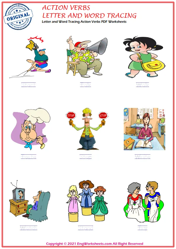 Letter and Word Tracing Action Verbs PDF Worksheets Worksheet Preview