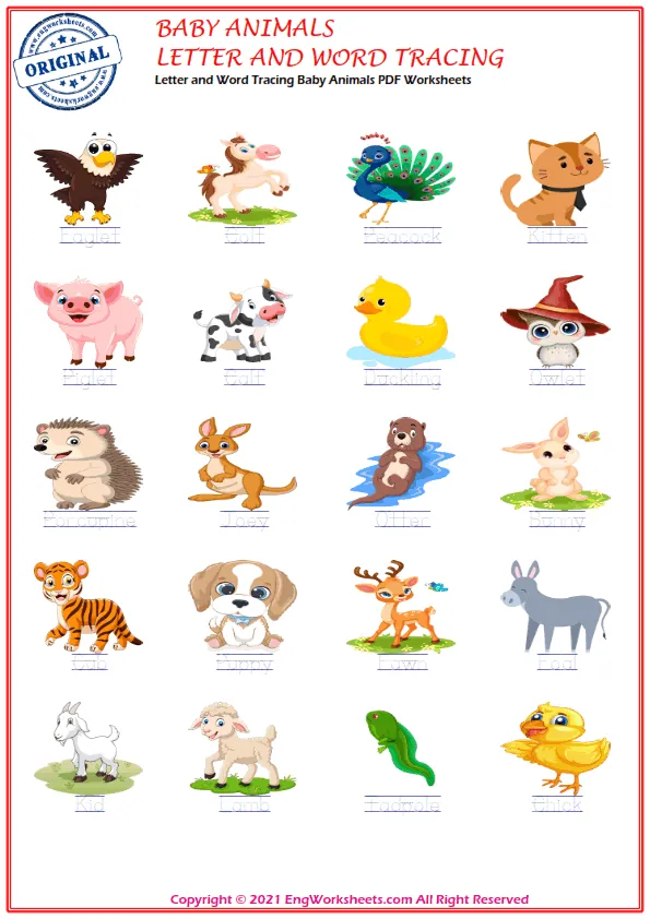 Letter and Word Tracing Baby Animals PDF Worksheets Worksheet Preview